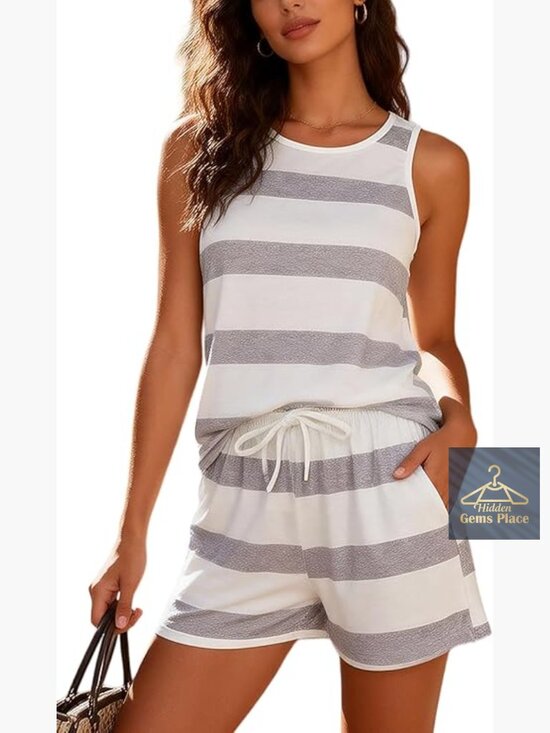 Other - Women's 2 Piece Striped Pajama Set Sleeveless Top Shorts Loungewear S-XL